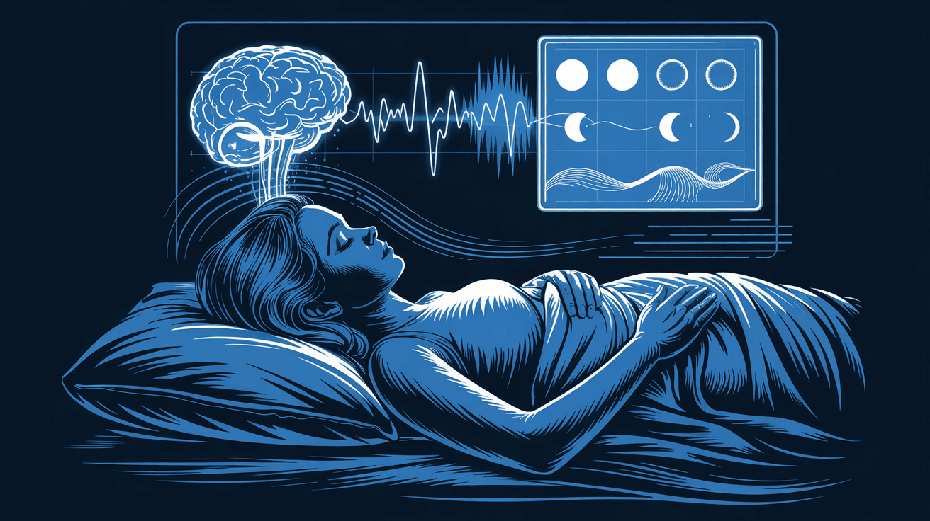 A sleeping female person with a brain illustrated above her head
